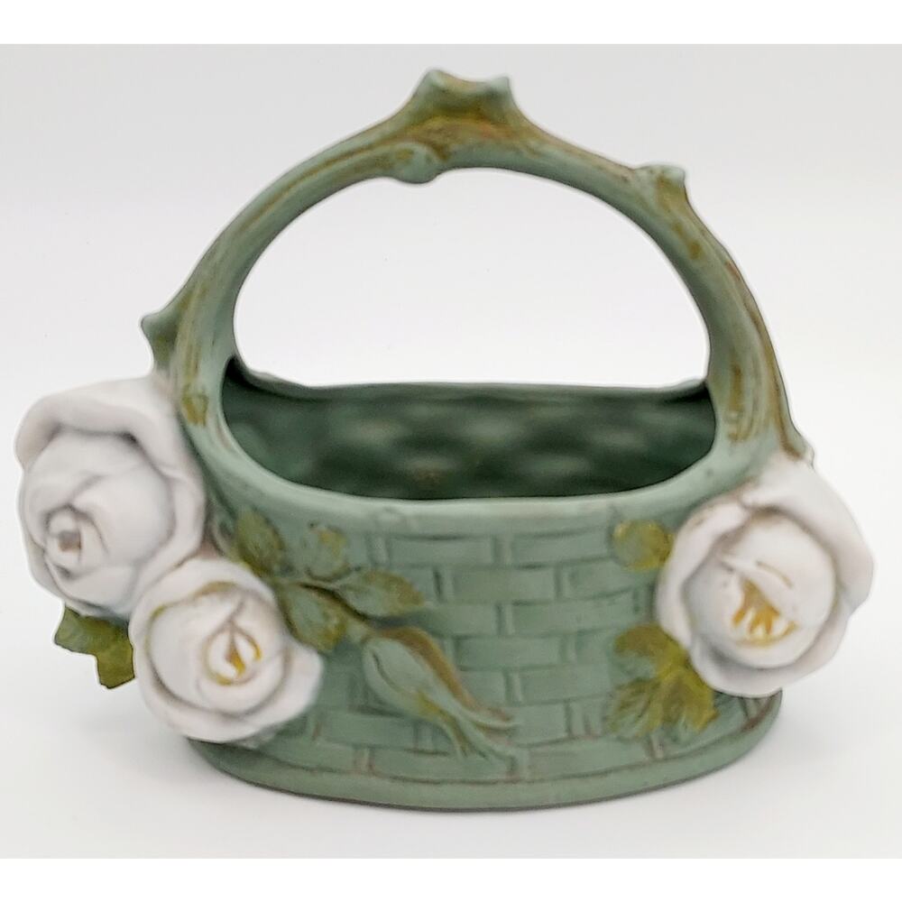 Schafer And Vater Bisque Porcelain Basket German Jasperware Green White Roses